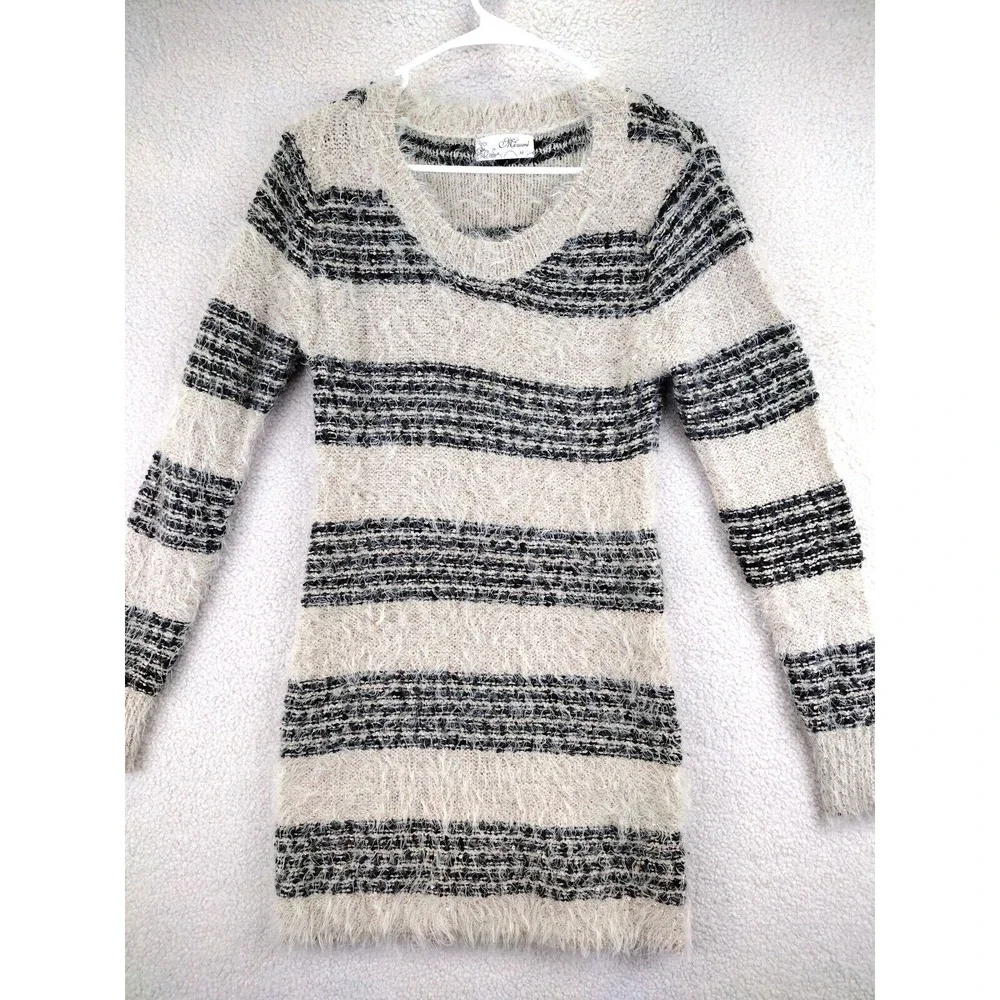Mirumi Striped Fuzzy Knit Sweater‎ Dress Long Sleeve Sparkle V Neck M